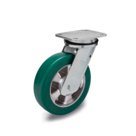 GN 22886 Heavy Duty Casters, Wheel Tread Polyurethane, Wheel Core Aluminum, Heavy Version Bearing type: K - Ball bearing<br />Type (bracket): L - Swivel bracket with mounting plate<br />Coding: H - Heavy Version<br />Material (bracket): ST - Steel sheet metal