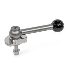 GN 918.6 Clamping bolts, Stainless Steel, Upward Clamping, Screw from the Back Type: GVB - With ball lever, straight (serration)<br />Clamping direction: L - By anti-clockwise rotation