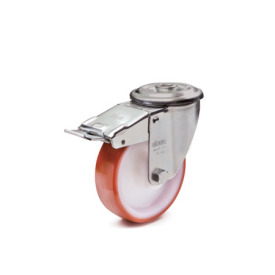 GN 22882 Medium Duty Casters, Wheel Tread Polyurethane, Wheel Core Polyamide, Light Version Bearing type: G - Friction bearing<br />Type (bracket): RF - Swivel bracket with center hole, with total lock brake<br />Coding: L - Light version<br />Material (bracket): NI - Stainless steel sheet metal