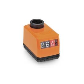 GN 955 Indicatori di posizione, a 3 cifre, indicazione digitale, contatore meccanico, albero cavo in acciaio Installazione (vista frontale): AR - Sulla parte smussata, in basso<br />Colore: OR - arancione, RAL 2004