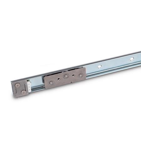 GN 1490 Linear Guide Rail Systems with Inside Traversal Distance, Steel Type: A3 - with one cam roller carriage with 3 rollers
Identification no.: 1 - with one end stop
Finish: ZB - Zinc plated, blue passivated