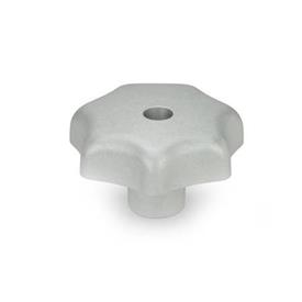 DIN 6336 Star Knobs, Aluminum Type: D - With threaded through bore<br />Finish: MT - Matte finish (tumbled)
