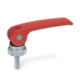 GN 927 Clamping Levers with Eccentrical Cam, with Threaded Stud, Lever Zinc Die Casting, Contact Plate Plastic Type: A - Plastic contact plate with setting nut<br />Color: R - Red, RAL 3000