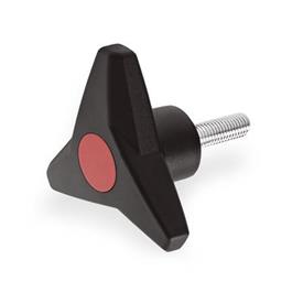 GN 533 Three-Lobed Knobs with Threaded Stud, Threaded Stud Steel Color of the cover cap: DRT - Red, RAL 3000, matte finish