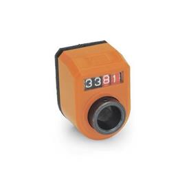 GN 954 Position Indicators, 4 Digits, Digital Indication, Mechanical Counter, Hollow Shaft Steel Installation (Front view): FN - In the front, above<br />Color: OR - Orange, RAL 2004