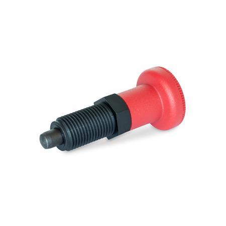 GN 617.2 Pernos de retención, guía de plástico, pasador de retención de acero, con pomo rojo Tipo: B - sin bloqueo de posición, sin contratuerca
Material: ST - Acero