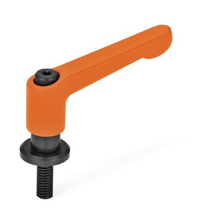 GN 307 Adjustable Hand Levers, Zinc Die Casting, with Threaded Stud and Washer Color: OS - Orange, RAL 2004, textured finish