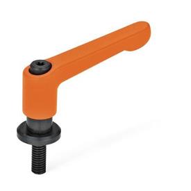 GN 307 Manettes indexables, zinc moulé sous pression, insert acier, avec goujons filetés, avec disques de positionnement Couleur: OS - orange, RAL 2004, finition texturée