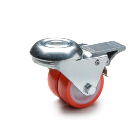 GN 22880 Light Duty Casters, Wheel Tread Polyurethane, Wheel Core Polyamide, Double Wheel Version Bearing type: G - Friction bearing<br />Type (bracket): RF - Swivel bracket with center hole, with total lock brake<br />Coding: D - Double wheel version<br />Material (bracket): ST - Steel sheet metal, zinc plated