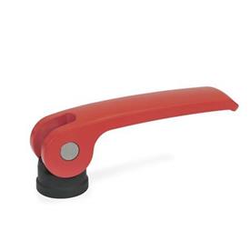 GN 927 Clamping Levers with Eccentrical Cam, with Internal Thread, Lever Zinc Die Casting, Contact Plate Plastic Type: B - Plastic contact plate without setting nut<br />Color: R - Red, RAL 3000