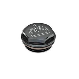 GN 742 Threaded Plugs with and without Symbols, Viton-Seal, Aluminum, Resistant up to 180°C Type: ESS - With DIN re-fill symbol, black anodized<br />Identification no.: 1 - Without vent hole