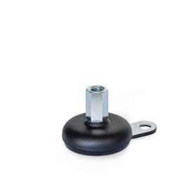 GN 32 Leveling Feet, Steel Sheet Metal, with Rubber Pad, with Mounting Flange Type (Base): A5 - Steel, plastic coated black, rubber inlaid, black<br />Version (Screw): X - External hexagon with internal thread