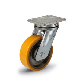 GN 22887 Heavy Duty Casters, Wheel Tread Polyurethane, Wheel Core Cast Iron, Heavy Version Bearing type: K - Ball bearing<br />Type (bracket): L - Swivel bracket with mounting plate<br />Coding: H - Heavy Version<br />Material (bracket): ST - Welded steel design