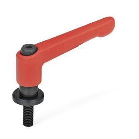 GN 307 Manettes indexables, zinc moulé sous pression, insert acier, avec goujons filetés, avec disques de positionnement Couleur: RS - rouge, RAL 3000, finition texturée