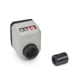 GN 9534 Position Indicators for Configurable Linear Actuators, Mechanical Counter Installation (Front view): AN - On the chamfer, above<br />Material: ST - Steel<br />Color: GR - Gray, RAL 7035
