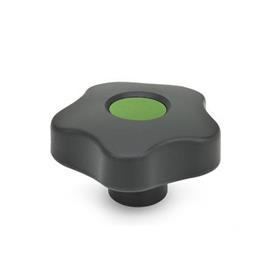 GN 5337.2 Star Knobs with Colored Cover Caps, Plastic, Bushing Brass Type: E - With cover cap (threaded blind bore)<br />Color of the cover cap: DGN - Green, RAL 6017, matte finish