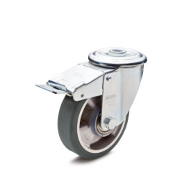 GN 22885 Medium Duty Casters, Wheel Tread Polyurethane, Wheel Core Aluminum, Light Version Bearing type: K - Ball bearing<br />Type (bracket): RF - Swivel bracket with center hole, with total lock brake<br />Coding: L - Light version<br />Material (bracket): STE - Steel sheet metal, zinc plated, with ESD wheel