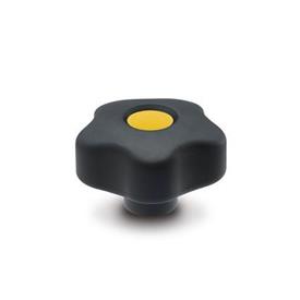 GN 5337.6 Star Knobs, Plastic, Bushing Brass, Softline, with Colored Cover Caps Color of the cover cap: DGB - Yellow, RAL 1021, matte finish