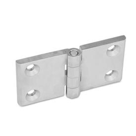 GN 237 Hinges, Stainless Steel, Horizontally Elongated Werkstoff: NI - Stainless steel<br />Type: A - 2x2 bores for countersunk screws<br />Finish: GS - Matte shot-blasted finish<br />Hinge wings: l3 = l4 - elongated on both sides