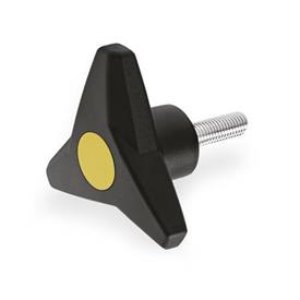 GN 533.6 Boutons à trois lobes avec goujon fileté, Softline, goujon fileté en acier Couleur du capuchon: DGB - jaune, RAL 1021, finition mat