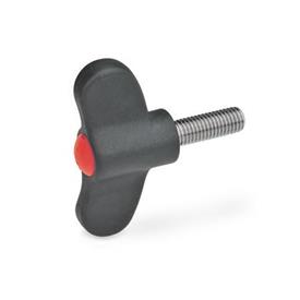 GN 633.1 Chiavette di serraggio, plastica, con perno filettato in acciaio INOX Colore della calottina: DRT - rosso, RAL 3000, finitura mat