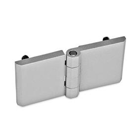 GN 237 Scharniere,  Zink-Druckguss, mit horizontal verlängert Werkstoff: ZD - Zink-Druckguss<br />Form: C - 2x2 Gewindestifte<br />Oberfläche: SR - silber, RAL 9006, strukturmatt<br />Scharnierflügel: l3 = l4 - beidseitig verlängert
