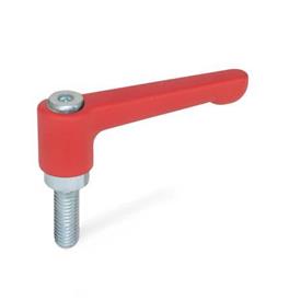 GN 302.2 Flat Adjustable Hand Levers, Zinc Die Casting, Threaded Stud Steel Zinc Plated Color: RS - Red, RAL 3000, textured finish
