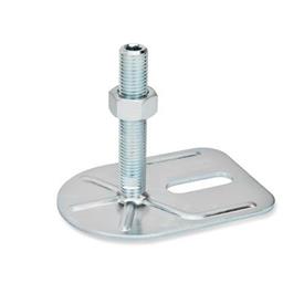 GN 42 Leveling Feet, Steel, with Fixing Lug, Rectangular Shape Type (Base): E0 - Without rubber pad, with one slotted hole<br />Version (Screw): UK - With nut, hex socket at the top and wrench flat at the bottom