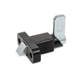 GN 724.2 Spring Latches, Steel / Stainless Steel, with Chamfered Pin, with Flange for Surface Mounting Identification no.: 1 - Chamfer, top<br />Type: A - Latch arm position perpendicular to the flange<br />Material / Finish: SW - Black, RAL 9005, textured finish