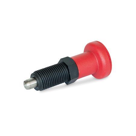 GN 617.2 Indexing Plungers, Threaded Body Plastic, Plunger Pin Stainless Steel, with Red Knob Type: B - Without rest position, without lock nut
Material: NI - Stainless steel