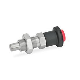 GN 414 Stainless Steel Indexing Plungers with Safety Lock, Unlocking with Push-Button Material: NI - Stainless steel<br />Type: AK - With lock nut