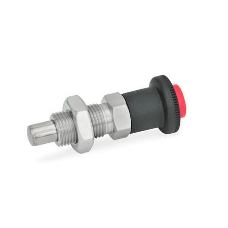 GN 414 Stainless Steel Indexing Plungers with Safety Lock, Unlocking with Push-Button Material: NI - Stainless steel
Type: AK - With lock nut