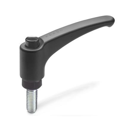 Adjustable Hand Levers GN 603: Plastic, Threaded Stud Steel, with Releasing Button
