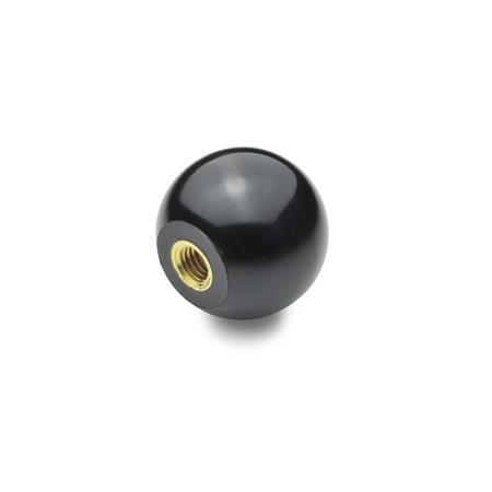 DIN 319 Ball Knobs, Plastic with Brass Insert Material: KU - Plastic
Type: E - With tapped bushing
Material bushing: MS - Brass