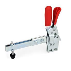 GN 810.4 Toggle Clamps, Steel, Operating Lever Vertical, with Lock Mechanism, with Vertical Mounting Base, with Extended Clamping Arm Type: VLC - Clamping arm extended, with slotted hole, two flanged washers and clamping screw GN 708.1