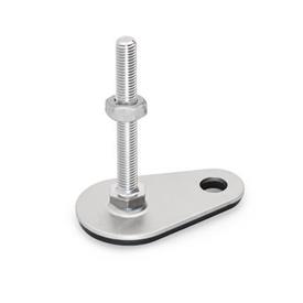 GN 43 Stainless Steel Leveling Feet with Fixing Lug, Drop Shape Type (Base): D3 - With rubber pad, vulcanized, black<br />Version (Screw): SK - With nut, external hexagon at the bottom