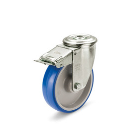 GN 22884 Medium Duty Casters, Wheel Tread Polyurethane, Wheel Core Polyamide, Light Version Bearing type: G - Friction bearing<br />Type (bracket): RF - Swivel bracket with center hole, with total lock brake<br />Coding: L - Light version<br />Material (bracket): NI - Stainless steel sheet metal