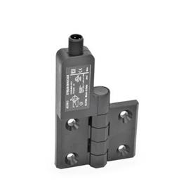 GN 239.4 Hinges with Switch, Plastic, with Connector Plug Identification: SL - Bores for contersunk screw, switch left<br />Type: AS - Connector plug at the top