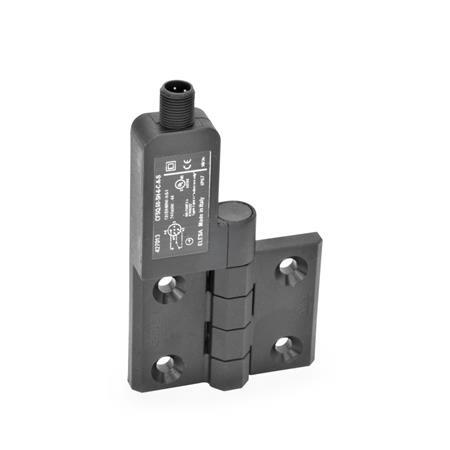 GN 239.4 Hinges with Switch, Plastic, with Connector Plug Identification: SL - Bores for contersunk screw, switch left
Type: AS - Connector plug at the top