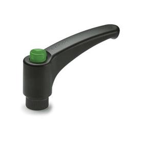 GN 603 Palancas de apriete ajustables, plástico, casquillo de latón Pulsador de desbloqueo de color: DGN - verde, RAL 6017, brillante