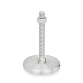 GN 22 Piedini di livellamento, acciaio INOX AISI 316L, senza fori di montaggio, piastra di base tornita Tipo (piastra di base): D1 - Finitura tornita, con fondo in gomma, intarsiato, colore nero<br />Tipo con stelo filettato: SK - Con dado, esagono esterno in basso