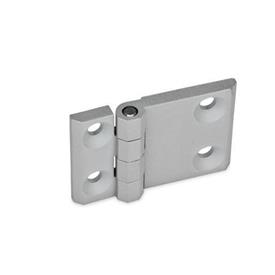 GN 237 Hinges, Horizontally Elongated, Zinc Die Casting Werkstoff: ZD - Zinc die casting<br />Type: A - 2x2 bores for countersunk screws<br />Finish: SR - Silver, RAL 9006, textured finish<br />Hinge wings: l3 ≠ l4 - elongated on one side