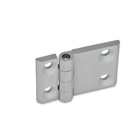 GN 237 Hinges, Horizontally Elongated, Zinc Die Casting Werkstoff: ZD - Zinc die casting
Type: A - 2x2 bores for countersunk screws
Finish: SR - Silver, RAL 9006, textured finish
Hinge wings: l3 ≠ l4 - elongated on one side