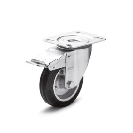 GN 22874 Medium Duty Casters, Wheel Tread Rubber, Wheel Core Steel Sheet Metal, Light Version Bearing type: G - Friction bearing<br />Type (bracket): LF - Swivel bracket with mounting plate, with total lock brake<br />Coding: L - Light version<br />Material (bracket): ST - Steel sheet metal