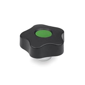GN 5337.1 Star Knobs with Protruding Steel Bushing, with Cover Cap Type: E - With cover cap (threaded blind bore)<br />Color of the cover cap: DGN - Green, RAL 6017, matte finish