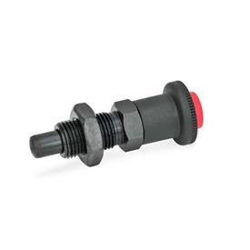 GN 414 Indexing Plungers with Safety Lock, Unlocking with Push-Button Material: ST - Steel<br />Type: AK - With lock nut