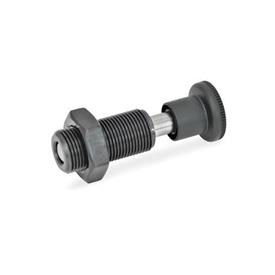 GN 313 Spring Bolts, Steel / Plastic Knob Type: AK - With knob, with lock nut<br />Identification no.: 1 - Pin without internal thread