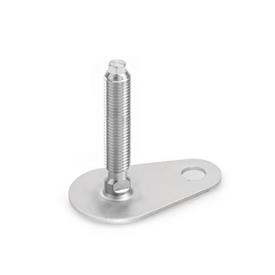 GN 43 Leveling Feet, Stainless Steel, with Fixing Lug, Drop Shape Type (Base): D0 - Without rubber pad<br />Version (Screw): V - Without nut, external hex at the top and wrench flat at the bottom