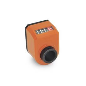GN 954 Position Indicators, 4 Digits, Digital Indication, Mechanical Counter, Hollow Shaft Steel Installation (Front view): AN - On the chamfer, above<br />Color: OR - Orange, RAL 2004