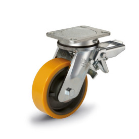 GN 22887 Heavy Duty Casters, Wheel Tread Polyurethane, Wheel Core Cast Iron, Heavy Version Bearing type: K - Ball bearing<br />Type (bracket): LF - Swivel bracket with mounting plate, with total lock brake<br />Coding: H - Heavy Version<br />Material (bracket): ST - Welded steel design